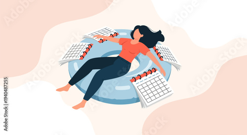 Vector illustration of a relaxed woman floating on an inflatable ring, surrounded by multiple open calendars, symbolizing scheduled tasks, time management, or workload.