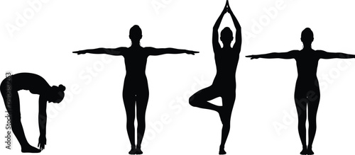 Yoga Woman Silhouette Poses Set with Stretching, Balance and Meditation Postures for Fitness Training and Healthy Lifestyle Illustration