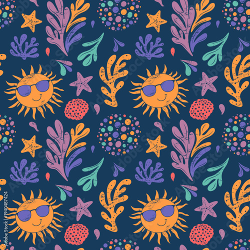 Tropical seamless pattern with seaweed, corals and smiling suns. Summertime background with soft texture.