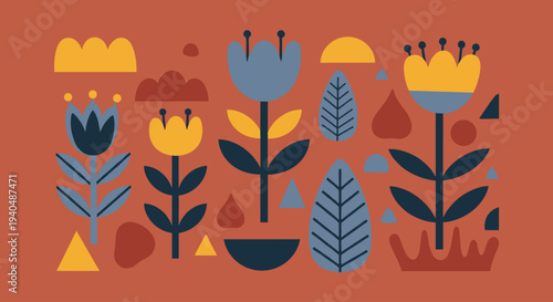 Stylized Flowers and Leaves in Various Colors.