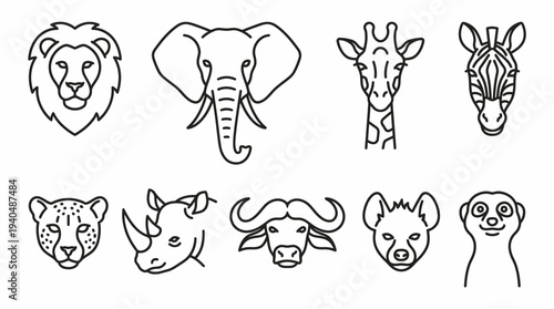 Collection of simple animal face illustrations including lion, elephant, and giraffe in a minimalist style