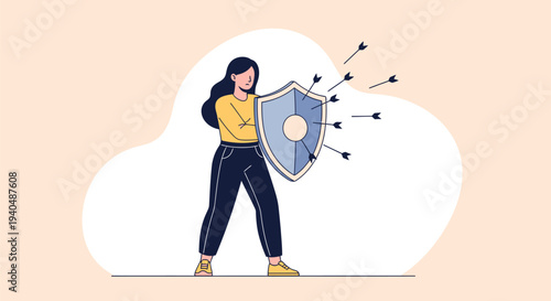 Vector illustration of a young woman with dark hair wearing a yellow shirt and dark pants, steadfastly holding a blue shield while deflecting multiple black arrows.
