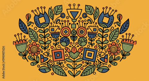 Vibrant Floral Pattern with Geometric Shapes.