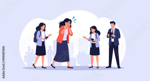 Vector illustration of a distressed woman experiencing a sudden panic attack or anxiety in a public urban setting, surrounded by indifferent or observing people.