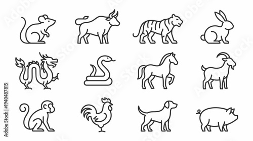 Simple line illustrations of various animals including mammals and birds displayed together on a plain background from a straightforward viewpoint