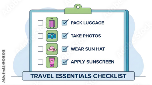 Travel essentials checklist on clipboard with icons