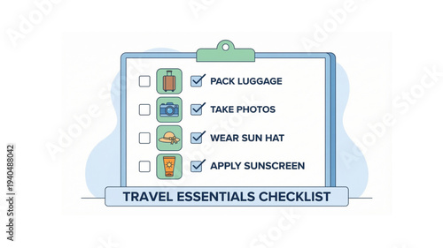 Travel essentials checklist on clipboard with luggage, camera, hat, sunscreen