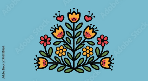 Colorful Floral Illustration with Leaves and Tulips.