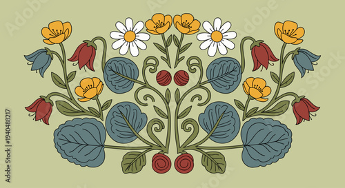 Colorful Floral Pattern with Leaves and Flowers.