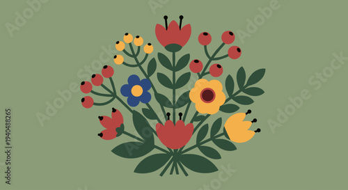 Colorful Floral Arrangement with Leaves and Blooms.