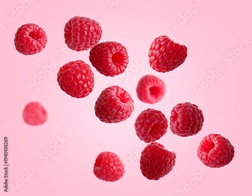 Scattered, ripe raspberries floating against a gradient light-to-dark pink background