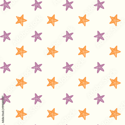 Seamless pattern with starfish. Srarfishes with soft grain texture. Summertime background