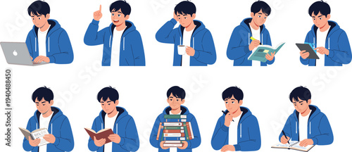 Young Male Student Character Set with Various Study Poses