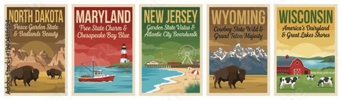 Vintage usa travel poster set. Including north dakota badlands, maryland chesapeake bay, new jersey boardwalk, wyoming, and wisconsin. Retro vector illustration.