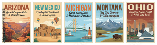 Vintage usa travel poster set. Including arizona grand canyon, new mexico, michigan lakes, montana, and ohio rock city soul. Retro vector illustration.