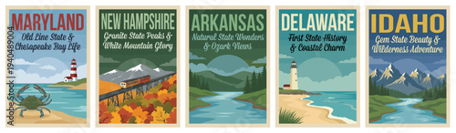Vintage usa travel poster set. Including maryland bay, new hampshire peaks, arkansas ozarks, delaware coast, and idaho mountains. Retro vector illustration.