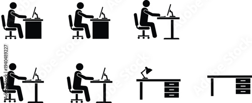 Office worker desk icons set, employee working at computer workspace desk furniture business workplace vector illustration collection
