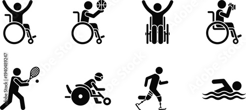 Paralympic sports icon set, disabled athletes wheelchair basketball tennis swimming running prosthetic athlete accessibility inclusive sport symbols vector