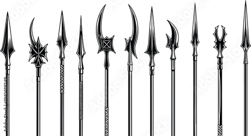 Medieval spear and polearm weapon collection, fantasy halberd lance ancient warrior weapons vintage engraving vector illustration set