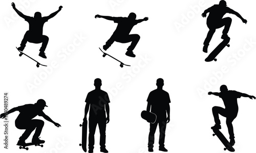 Skateboarder silhouettes set, skateboard athlete performing tricks jumping skating extreme sport action vector illustration collection