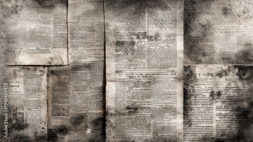 Texture of old newspaper pages pasted on wall with stains and wear. Suitable for banner, poster, cover design, editorial layout or web background.
