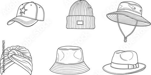Hat collection line art set, baseball cap beanie bucket hat turban fedora fashion headwear outline vector illustration
