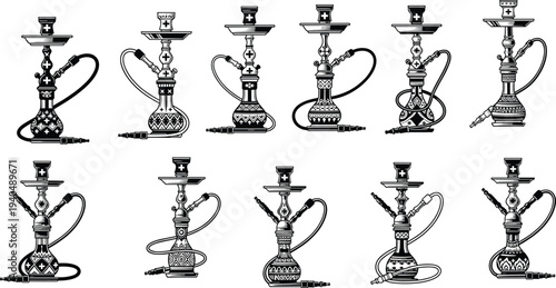 Hookah shisha collection set, traditional water pipe smoking hookah lounge oriental culture vector illustration icons