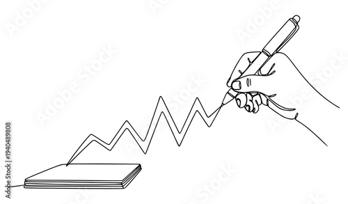 Minimal continuous line drawing hand creating zigzag line on notepad progress chart concept vector illustration