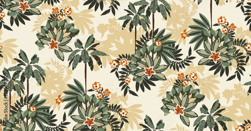 Seamless tropical leaves pattern design. Hand draw exotic flowers pattern.