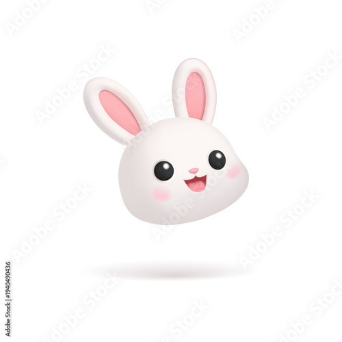Smiling bunny head character, 3D. Wild or domestic bunny, minimalistic icon. Fun, children, Easter, animal. Vector illustration.
