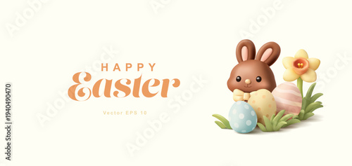 3D chocolate bunny, narcissus, Easter eggs, grass. Modern banner for Easter concepts, candy hunt, children's entertainment. Vector illustration.