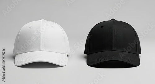 blank black white mesh baseball caps, neutral grey studio background, mockup design concept