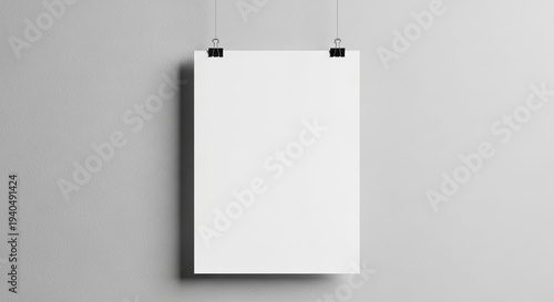 blank hanging poster with black binder clips on soft gray wall, mockup design concept