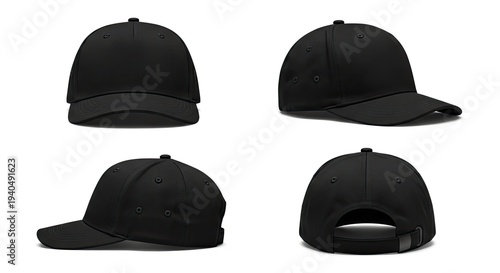 black baseball caps multiple angle views plain white background, blank apparel mockup design concept