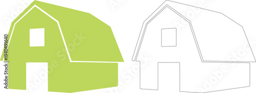 Green and white silhouettes of barns with gambrel roofs