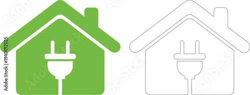 Green house silhouette with electrical plug inside black outline