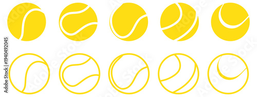 Black vector illustration set of tennis ball silhouettes featuring various white seam patterns and curved line designs isolated on white background.