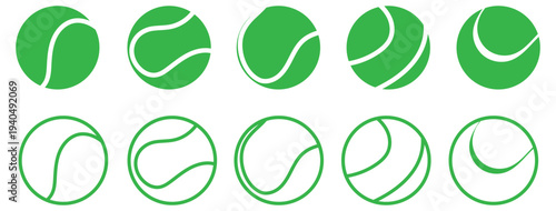 Black vector illustration set of tennis ball silhouettes featuring various white seam patterns and curved line designs isolated on white background.