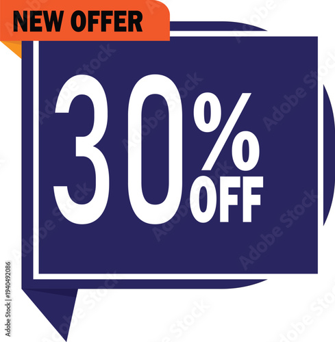 thirty percent discount promotional badge with new offer orange ribbon and navy blue background