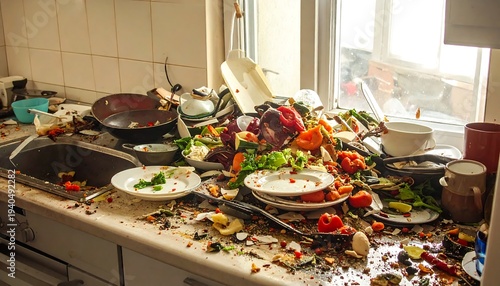 Overflowing kitchen counter covered in scattered food, dishes, and utensils near a window
