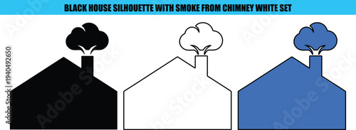 Houses with smoke coming out of chimney in black white and blue