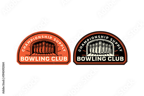 Tenpin bowling sport retro badge logo design set with row of pins. Bowling pins vintage patch symbol graphic pack for sport team. Bowling target rustic emblem element designs bundle for sport league