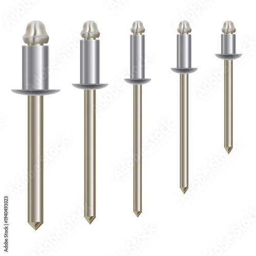 Flange Aluminum Blind Rivet Self-Plugging on white background. Open End Decorating Fastener Nails Pop Rivets Core Pulling Rivets Grip Pange. Vector illustration EPS 10.