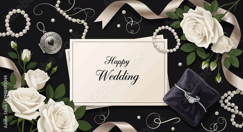 Elegant Wedding Celebration Card with Luxurious White Roses, Sparkling Diamond Ring, and Pearl Accessories on a Chic Black Background, Perfect for Invitations and Romantic Greetings
