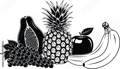Black and white of fruit including pineapple apple bananas grapes and fig