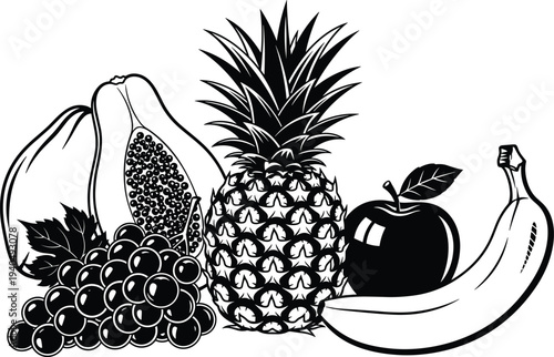 Black and white of fruit including pineapple apple banana grapes and pomegranate