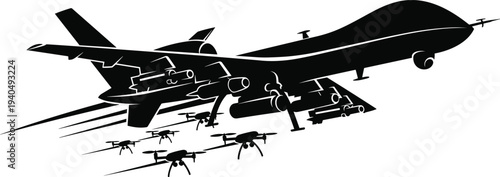 Black drone airplane with smaller drones flying below white background aircraft