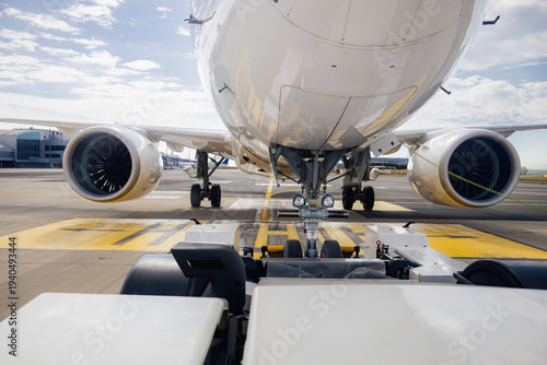 View from pushback tug towing passenger airplane away from airport terminal to taxiway. Ground handling operation, aviation logistics, airport operations, and aircraft departure concept.