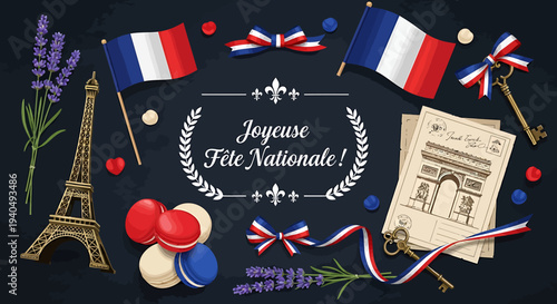French National Day celebration illustration with Eiffel Tower, flags, Arc de Triomphe, macarons, and lavender. Capturing the festive spirit of French culture