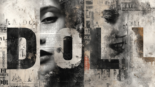 Modern art collage with typography and facial fragments on newspaper texture. Suitable for banner, poster, magazine cover, editorial article or web design.
